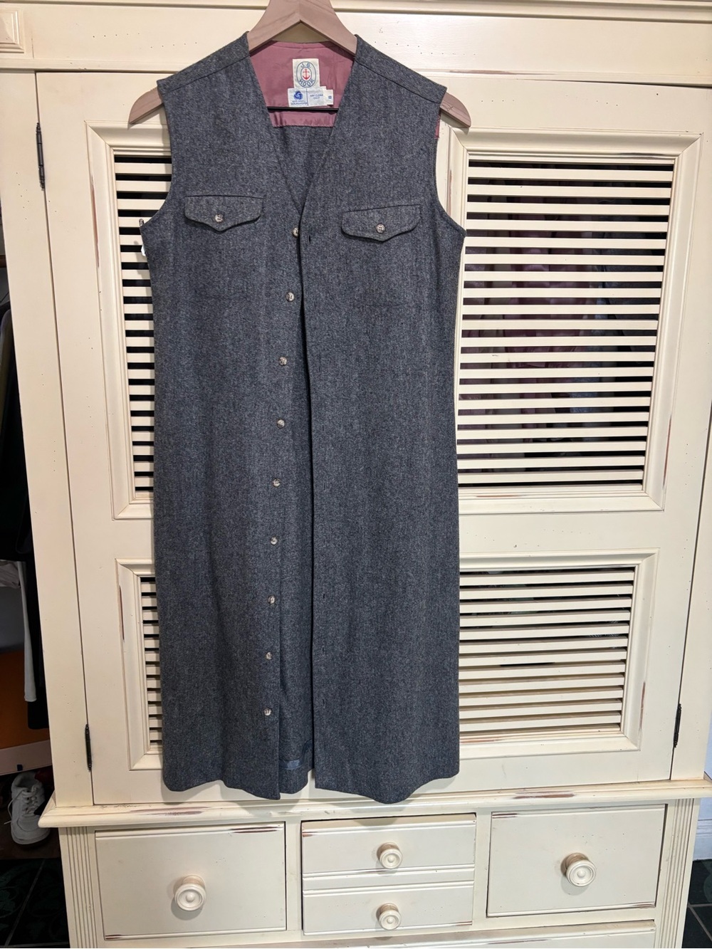 Vintage Gray Sleeveless Button-Front Wool Vest Dress